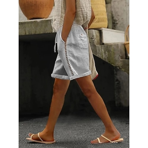 Damen 100% Baumwolle Weites Bein Shorts Mode Kurz Natürliche Taille Einfach Seitentaschen Ausschnitt Komfort Unelastisch Urlaub Dunkelgrau Weiß Khaki Hellgrau Sommer Frühling Herbst Normale Passform Image