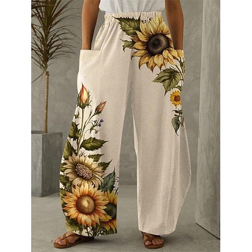 Damen Weites Bein Chinos Hosen Hose Aktiv Mode Volle Länge Hohe Taille Sonnenblume Tasche Druck Hoher Schnitt Außenbereich Bequem Atmungsaktiv Mikroelastisch Straße Alltagskleidung Khaki Frühling Image