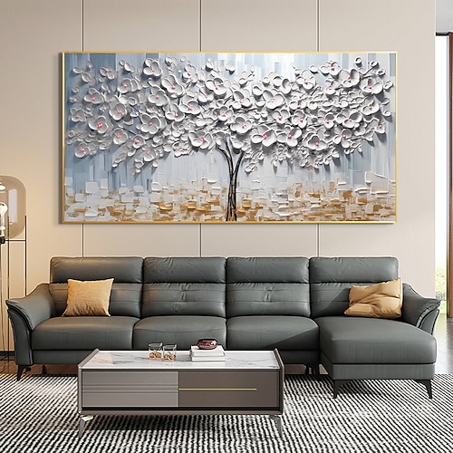 Ölgemälde, handgemaltes weißes Blumenölgemälde auf Leinwand, abstraktes 3D-Blütengemälde, blühendes Blumengemälde, großes Wandkunstgemälde für Wohnzimmer-Wanddekoration Image