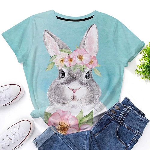 Damen T-Shirt mit Hase, Rose und Krone, blau, geblümt, Rundhalsausschnitt, Stretch, lässig, für jeden Tag, Frühling, Sommer, mehrere Größen Image