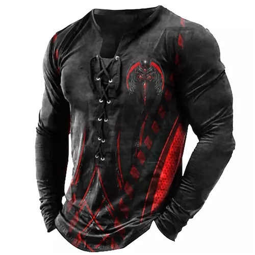 Herren Grafik Gothic-Horror T Shirt T-Shirt Langarm Hemd Kragen Outdoor Straße 3D-Druck Schwarz Schnürung Druck Bekleidung Designer Basic Klassisch Lässig Image