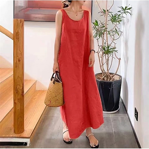 Damen Maxikleid 100% Baumwolle Shiftkleid Sommerkleid Freizeitkleid Basic Lässig Täglich Urlaub Ferien Lässiger Schnitt Einfarbig Ärmellos Rundhalsausschnitt Blau Gelb Rosa Rote Sommer Frühling Image