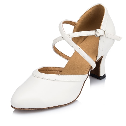 Weiße Ballsaal-Tanzschuhe für Damen mit gekreuzten Riemen – geschlossene Latein-Absätze aus Leder für Hochzeiten, Salsa und Auftritte Image