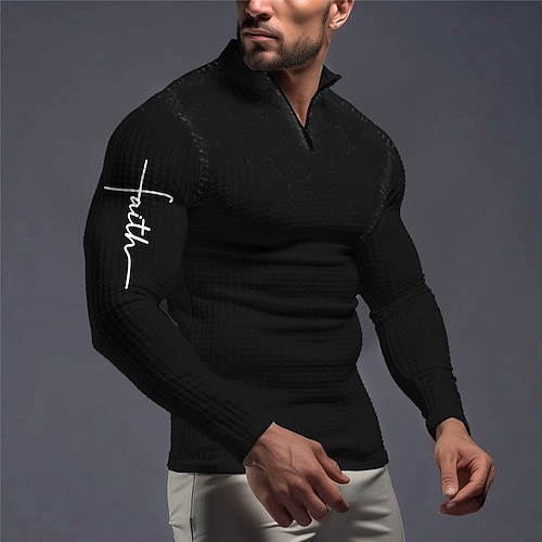Herren Glaube Waffel-Poloshirts Reißverschluss-Polo Golf Poloshirts Langarm Polo-Shirts Reißverschluss Vintage Outdoor Alltagstauglich Streetwear 3D Druck Herbst Winter Schwarz Weiß Wein Image