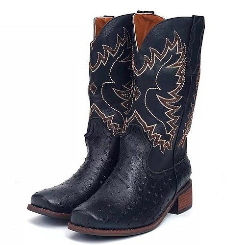 Herren Stiefel Cowboystiefel Stickerei Retro Vintage Outdoor Täglich PU Leder Wasserdicht Bequem Rutschfest Mittelstiefel Slipper Schwarz Braun Kaffee Farbblock Sommer Frühling Herbst Image