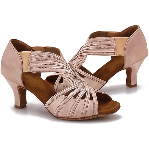 Damen-Latein-Tanzschuhe mit Riemchen in Hellbraun – Peep-Toe-Sandalen mit hohem Absatz und elastischen Riemen für Salsa, Tango und Auftritte