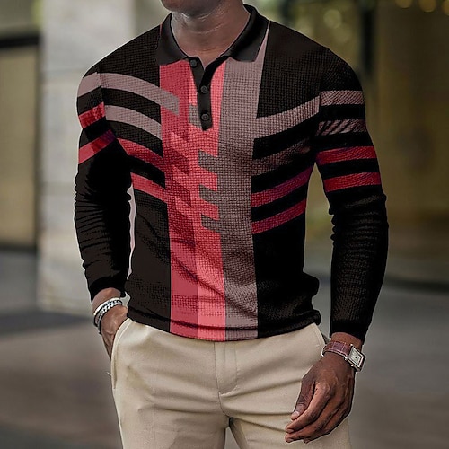 Herren Karomuster Waffel-Poloshirts Golfshirt Langarm Polo-Shirts Hemden mit Kragen Vintage Lässig Urlaubskleidung Formelle Kleidung Festivalkleidung 3D-Druck Knöpfe Blau Schwarz Rote Image