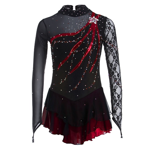 Eiskunstlaufkleid Damen Mädchen Eislaufen Kleider Austattungen Schwarz Purpur Himmelblau Elasthan Spitze Freizeit Sport Wettbewerb Eiskunstlaufkleidung Handgemacht Einfarbig Modisch Langarm Eislaufen Image