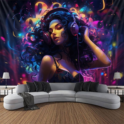 Schwarzlicht-Wandteppich, UV-reaktiv, leuchtet im Dunkeln, Glow Party, Neon, Trippy Misty Pop Woman, Wandteppich zum Aufhängen, Wandbild für Wohnzimmer, Schlafzimmer Image