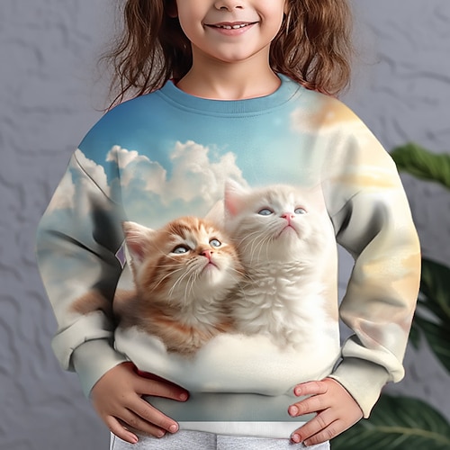 Mädchen 3D Graphic Tier Katze Pullover Langarm 3D-Druck Sommer Herbst Modisch Strassenmode bezaubernd kinderkleidung 3-12 Jahre Outdoor Casual Täglich Regular Fit Image