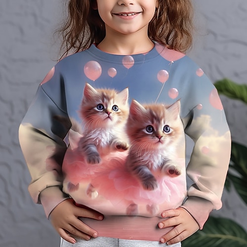 Mädchen 3D Graphic Tier Katze Pullover Langarm 3D-Druck Sommer Herbst Modisch Strassenmode bezaubernd kinderkleidung 3-12 Jahre Outdoor Casual Täglich Regular Fit Image