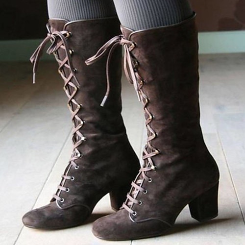 Schwarze kniehohe Schnürstiefel für Damen – Vintage-Stiefel aus Wildlederimitat mit dickem Absatz für die Herbst-Winter-Mode Image