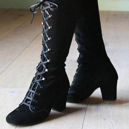 Schwarze kniehohe Schnürstiefel für Damen – Vintage-Stiefel aus Wildlederimitat mit dickem Absatz für die Herbst-Winter-Mode Image