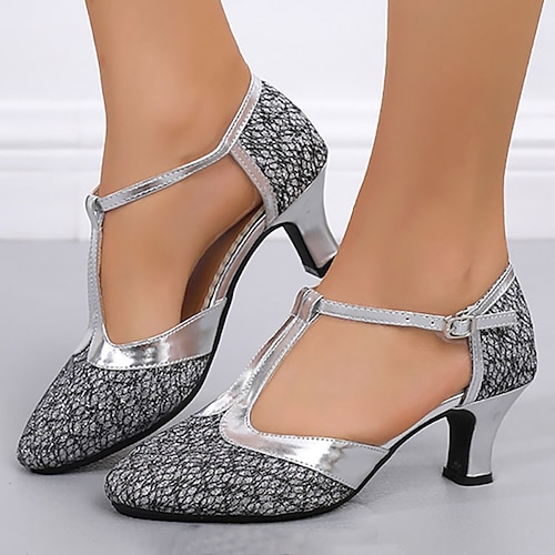 Damen-Tanzschuhe mit goldenem Glitzer und T-Riemen, niedrige und mittelhohe Absätze, Ballsaal-Lateinamerika-Performance-Absätze für Salsa und Tango Image