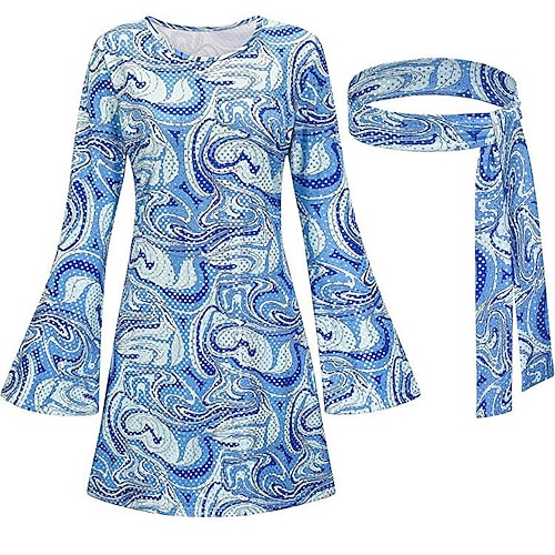 Hippie Retro Vintage Hippie 1970er Disko Kleid Kopfbedeckung Damen Kostüm Jahrgang Cosplay Party Abend Kleid Maskerade Schlager Outfit Image