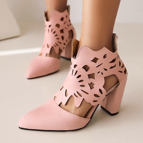 Schwarze Pumps mit Cut-out und Blockabsatz für Damen – stylische spitze Schuhe mit floralem Design für Partys oder den Abend
