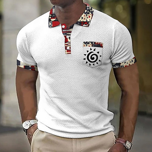 Herren Grafikdrucke Vintage Totem Waffel-Poloshirts Poloshirts Revers-Polo Polo mit Knopfleiste Golfshirt Kurzarm Hemd Umlegekragen Outdoor Straße Schwarz Weiß Wein Blau Braun Druck Bekleidung Mode Image