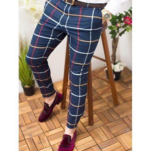 Herren Jogginghose Jogger Hose Hosen Chinesisch Chino Chino Hosen Karierte Anzughose Tasche Plaid Komfort Atmungsaktiv Täglich Festtage Ausgehen Strassenmode Stilvoll WeißBlau Blau Image