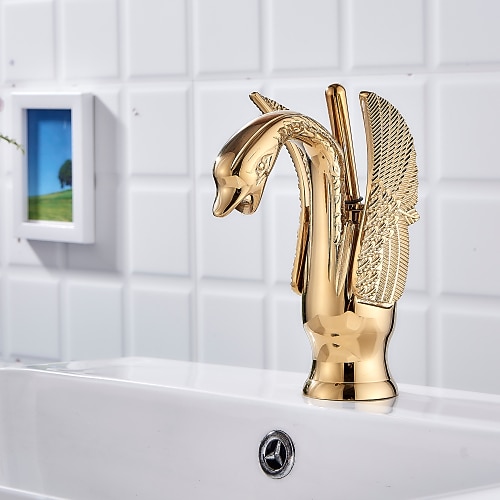 Vintage Waschbecken Mischbatterie Messing Schwanenform, Monoblock-Waschtischarmaturen Einhand-Einloch-Deckmontage, Mono-Wasserhahn Warm- und Kaltwasserschlauch antik Image