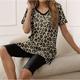 Damen T Shirt Shorts-Sets Leopard Casual Bedruckt Schwarz Kurzarm Modisch V Ausschnitt Sommer