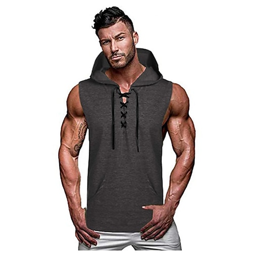 Herren Tank Top Weste Unterhemd Gym-Muskel-T-Shirt Ärmellos Mit Kapuze Sommer Einfach Vintage Designer Muskel Kordelzug Outdoor Ausgehen Fitnessstudio Grün Grau Top T-Shirt für Herren Image