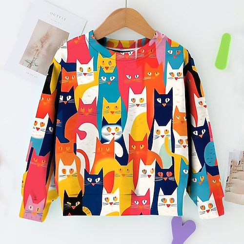Mädchen 3D Graphic Karikatur Katze Pullover Langarm 3D-Druck Sommer Herbst Modisch Strassenmode bezaubernd kinderkleidung 3-12 Jahre Outdoor Casual Täglich Regular Fit Image