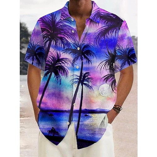 Herren Kokospalme Tropische Pflanzen Hemd Sommer Hawaiihemd Alohahemd Kurze Ärmel Hemd Umlegekragen Tropisch Mode Streetwear Lässig Täglich Straße Schwarz Schwarz Rote Purpur S M L Image