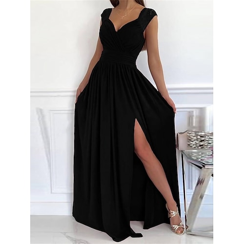 Schwarzes Damenkleid Ballkleid Partykleid Spitze gerüscht V-Ausschnitt ärmellos Hochzeitsgast schwarz rosa Frühling Herbst Image