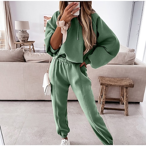 Damen Aktiv Strassenmode Trainingsanzug Hosen-Sets Pullover Langarm Mit Kapuze Feste Farbe Sports Outdoor Casual Schwarz Weiß Grün Herbst Winter Regular Fit