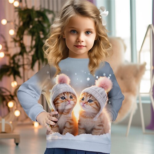 Mädchen 3D Katze Pullover Langarm 3D-Druck Herbst Winter Modisch Strassenmode bezaubernd Polyester kinderkleidung 3-12 Jahre Rundhalsausschnitt Outdoor Casual Täglich Regular Fit Image