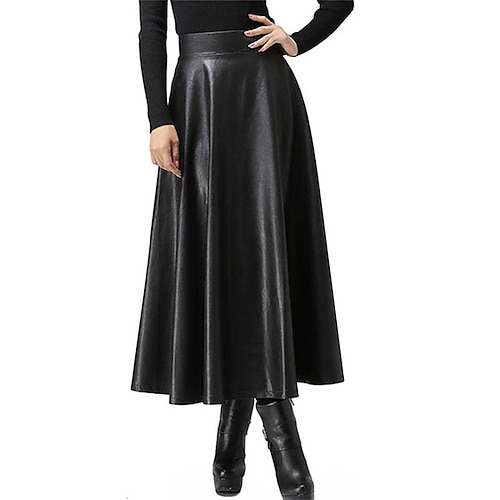 Damen Elegant Mode Lässig Midi Hohe Taille Röcke Einfarbig Gerafft Täglich Urlaub Schwarz Herbst Winter Kunstleder Image