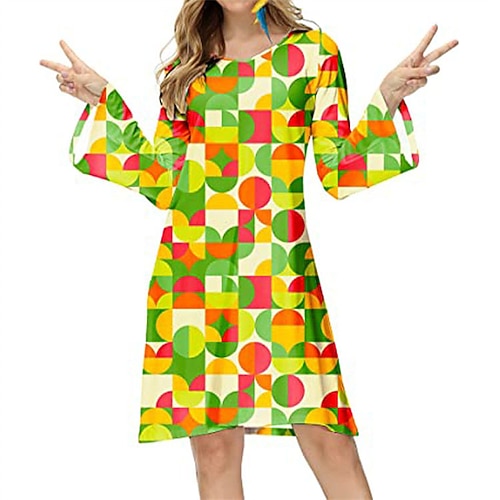 Hippie Retro Vintage 1970er Disko Kleid Damen Kostüm Jahrgang Cosplay Party Abend Langarm Kleid Maskerade Schlager Outfit Image