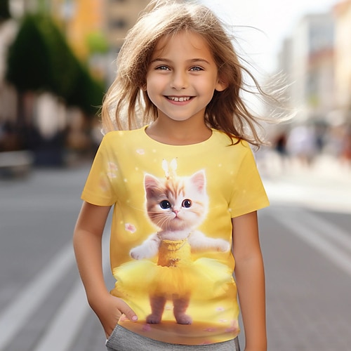 Mädchen 3D Katze T-Shirt Hemd Rosa Kurzarm 3D-Druck Sommer Aktiv Modisch Kuschelig Polyester kinderkleidung 3-12 Jahre Rundhalsausschnitt Outdoor Casual Täglich Regular Fit Image