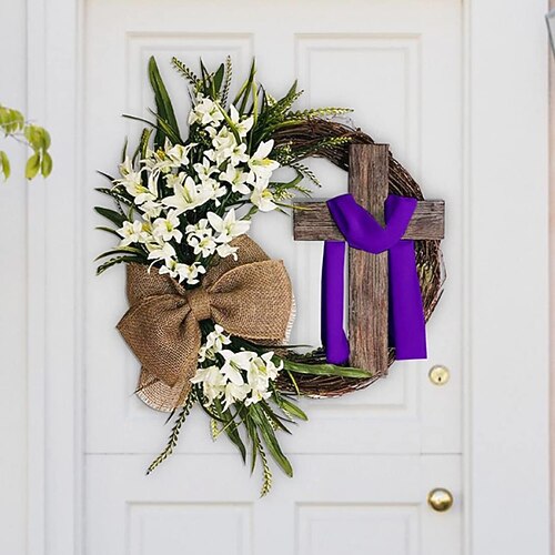 Künstlicher Osterkranz, Osterdeko, Kreuzkranz, Deko zum Aufhängen Türkranz, Kreuz Osterkranz zum Aufhängen als Frühlingsdeko Image