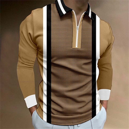Herren Gestreift Poloshirts mit Reißverschluss Golfshirt Langarm Polo-Shirts Hemden mit Kragen Business-Casual Arbeitskleidung Formelle Kleidung Festivalkleidung 3D-Druck Image