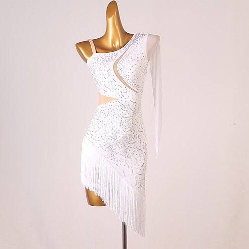 Kleid für Tanz, Salsa, lateinamerikanischen Tanz, Fransen, Quaste, geteilte Verbindung, Kristalle/Strasssteine, Damen, Performance-Training, langärmlig, Chinlon-Mesh Image