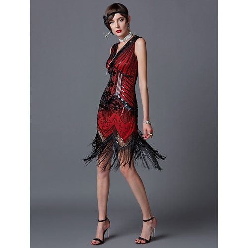 Goldene Zwanziger 1920er Wilde Zwanziger Knielang Flapper Kleid Kleid Halloween Kostüme Ärmellos Der große Gatsby Charleston Hochzeitsgast Pailletten Patchwork Bestickt V Ausschnitt Kostüm Damen Image