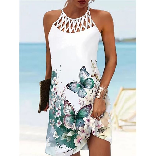 Damen Neckholder-Minikleid mit Blumenmuster und Cut-Out-Print für den Alltag, Urlaub, ärmellos, Sommer, Frühling Image