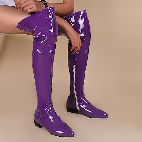 schwarze Overknee-Gogo-Stiefel aus Lackleder für Damen mit niedrigem Absatz und seitlichem Reißverschluss – elegantes und stylisches Schuhwerk für Partys, Fashion-Events und Abende Image