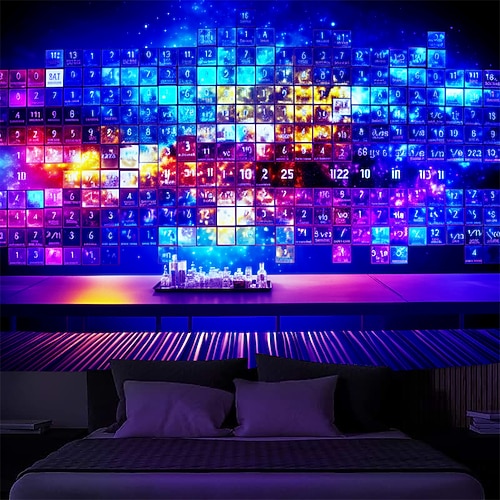 Schwarzlicht-Wandteppich, UV-reaktiv, im Dunkeln leuchtend, Glow Party, Periodensystem der Elemente, trippiger, nebliger Wandteppich zum Aufhängen, Wandkunst, Wandbild für Wohnzimmer, Schlafzimmer Image