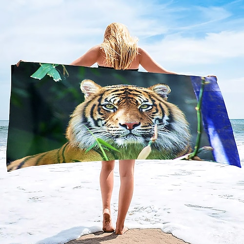 1 Stück große, dicke Bade- und Duschtücher, 3D-weißes Tiger-Design, Baumwoll-Strandtuch für Damen und Herren, Reisen, Schwimmen, Yoga, Decke Image