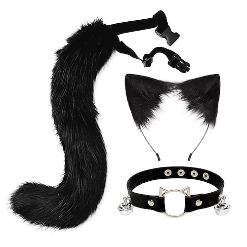 Katzenohren und Wolfsfuchs Tierschwanz Cosplay Kostüm Kunstfell Haarspange Kopfschmuck Karneval Leder Halsband Set Image