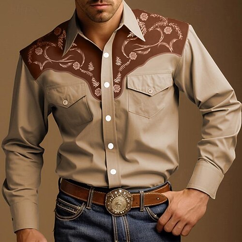 Herren Cowboy Westernhemd Knopfhemd Cowboy-Shirt Langarm Vintage Westernstil Outdoor Straße Alltagstauglich Herbst Winter 3D-Druck Fronttasche Schwarz Blau Braun Kaki Image