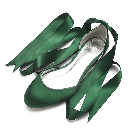 Grüne Ballerinas aus Satin für Damen mit langen Bändern, elegante und bequeme Schuhe für Hochzeiten und besondere Anlässe Image