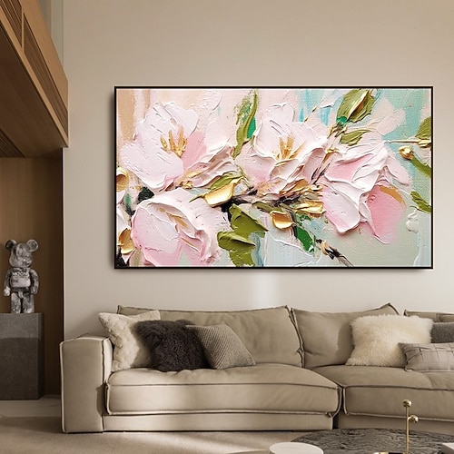 handgemaltes 3D-Blumen-Ölgemälde mit Struktur, Wandkunst, abstrakt, rosa-goldene Blumen, Gemälde auf Leinwand, Blumengemälde, Wanddekoration für Wohnzimmer, Wandkunst, Frühlingsdekoration Image