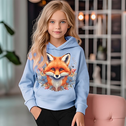 Mädchen 3D Graphic Karikatur Fuchs Kapuzenshirt Langarm 3D-Druck Sommer Frühling Herbst Aktiv Modisch Kuschelig kinderkleidung 3-12 Jahre Outdoor Casual Täglich Regular Fit Image