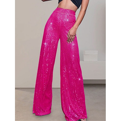 Damen Weites Bein Hosen Hose Glitzernde Hosen Elegant Mode Glitzern Volle Länge Hohe Taille Einfach Pailletten Bequem Mikroelastisch Club Party Straße Blau Weinrot M beige Rosagold Sommer Frühling Image