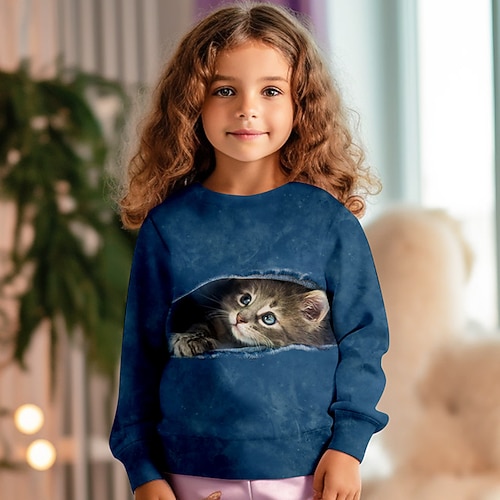 Mädchen 3D Katze Sweatshirt Pullover Langarm 3D-Druck Frühling Herbst Mode Streetwear Niedlich Kinder 3-12 Jahre Rundhalsausschnitt Outdoor Lässig Täglich Normale Passform Image