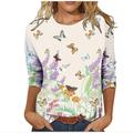 Damen T Shirt Weiß Rote Purpur Blumen Schmetterling Bedruckt Langarm Casual Täglich Basic Vintage Rundhalsausschnitt Standard Blume Abstrakt Farbe S