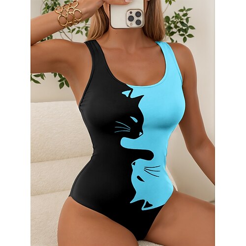 Damen Badeanzüge Einteiler Schwimmanzug mit Katzenmotiv Strandmode Urlaub Badeanzüge